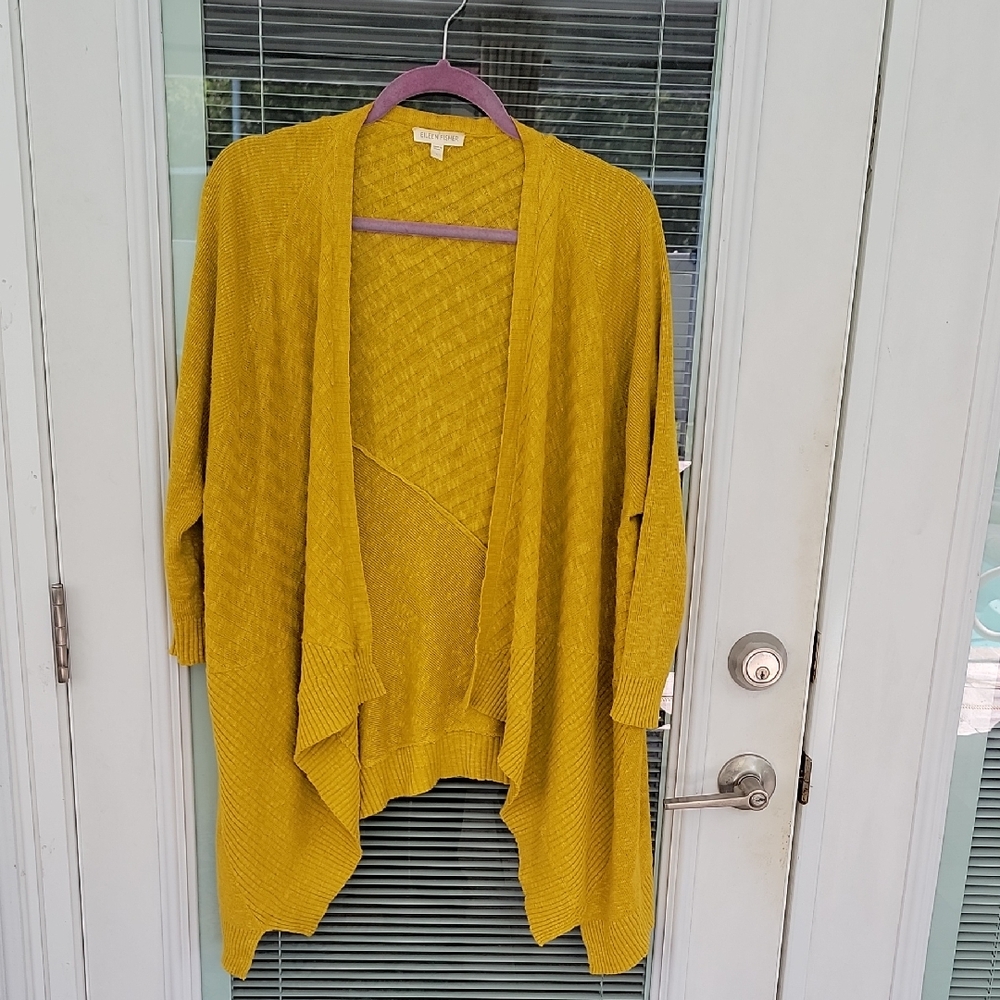 Eileen Fisher Drape Front Slub Cardigan Sz L Wool Linen & Silk Blend Mustard - Picture 1 of 12